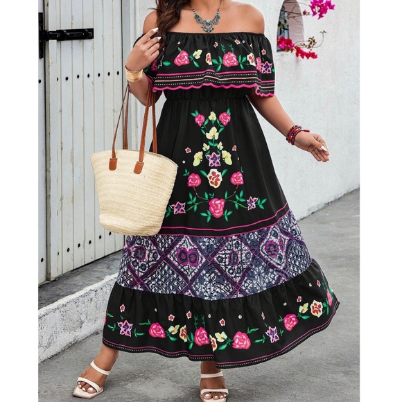 Plus Floral Print Off Shoulder Stretchy Waist High Waisted Maxi Dress